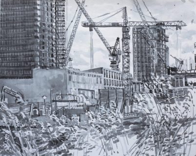 Hyperion Lyceum, Amsterdam Noord, sumi-inkt, 24 x 30 cm, 2/2021, encre sumi, Amsterdam