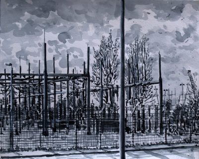 150kV-station Metaalbewerkerweg, Amsterdam Noord, sumi-inkt, 24 x 30 cm, 2/2021, encre sumi, Amsterdam