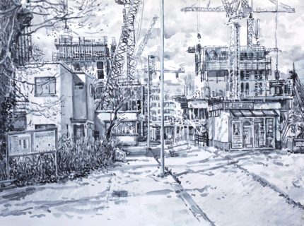 Bij Tolhuistuin, Amsterdam Noord, sumi-inkt, 30 x 40 cm, 3/2021, encre sumi, Amsterdam