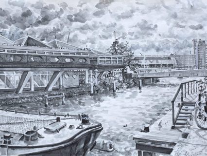 Restaurant THT, Amsterdam Noord, sumi-inkt, 30 x 40 cm, 9/2021, encre sumi, Amsterdam