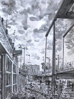 Jip Golsteijnbrug, Amsterdam Noord, sumi-inkt, 40 x 30 cm, 9/2021, encre sumi, Amsterdam