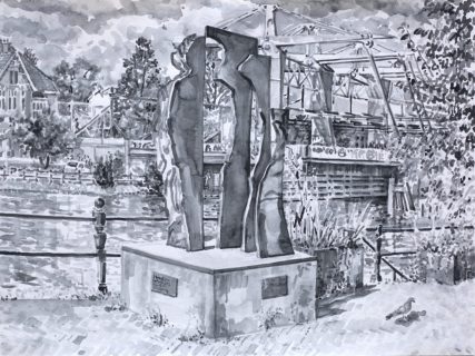 Standbeeld voor Jacob van Lennep, Haarlemmerplein, Amsterdam, sumi-inkt, 30 x 40 cm, 9/2022, encre sumi, Amsterdam