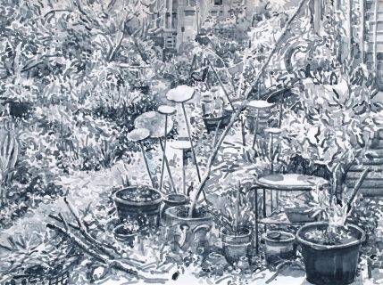 Binnentuin 2de Leeghwaterstraat Amsterdam, sumi-inkt, 30 x 40 cm, 4/2024, encre sumi, Amsterdam