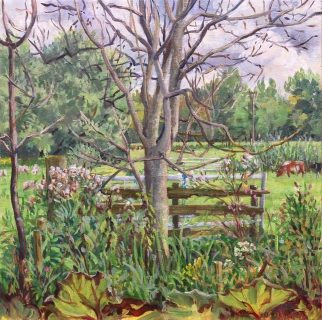 Uitzicht tuin Château Bleu, Den Haag, olieverf, 30 x 30 cm, 8/2020, huile, La Haye