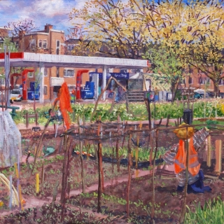 Buurttuin Vreeswijkstraat Den Haag, olieverf, 35 x 35 cm, 5/2021, huile, La Haye