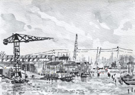 NDSM-terrein, Amsterdam, sumi-inkt, 15 x 21 cm, 2/2019, encre, Amsterdam