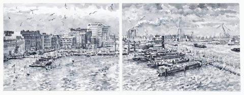 Houthaven, Amsterdam,  sumi-ink,   2x (18 x 24) cm, 2/2020, huile, Amsterdam