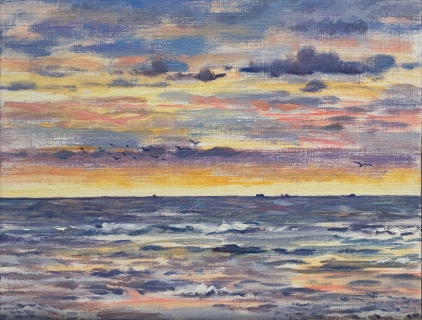 Zee bij Bergen, olieverf, 19 x 25 cm, 9/2014, huile, La mer à Bergen