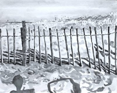 Strandslag 8, Den Haag, sumi-inkt , 24 x 30 cm, 9/2020, encre sumi, Plage La Haye