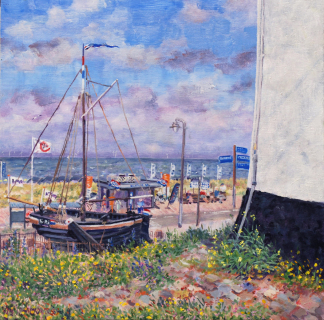 Bomschuit aan de voet van de Vuurbaak in Katwijk, olieverf, 35 x 35 cm, 6/2023, huile, Katwijk