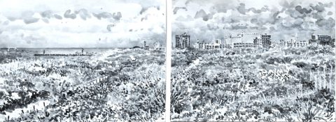 Skyline Scheveningen-Duindorp, sumi-inkt, 2x (18 x 24) cm, 9/2023, encre sumi, Scheveningen