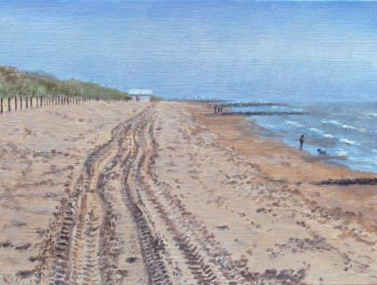 Het Stille Strand bij Den Haag, olieverf, 19 x 25 cm, 4/2009, huile, Plage à La Haye